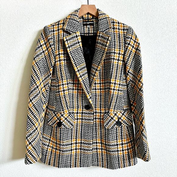 Karl Lagerfeld Paris Black Yellow Gingham Tweed Notch Lapel Blazer Women's 2 NWT - Picture 2 of 8